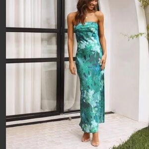 Strapless Silk Green Floral Midi Dress